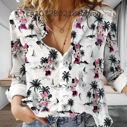 2024 Summer Disney Minnie Mouse Women's Blouses Long Sleeve Shirt, Disney Button Cardigan Temperament Simple Shirt, Street Women's Shirt