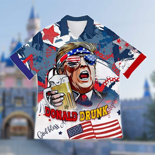 Funny Donald Drunk 4th July Hawaiian Shirt, God Bless America July Fourth Hawaiian Shorts, Beach Short Shirt, Unisex Gift