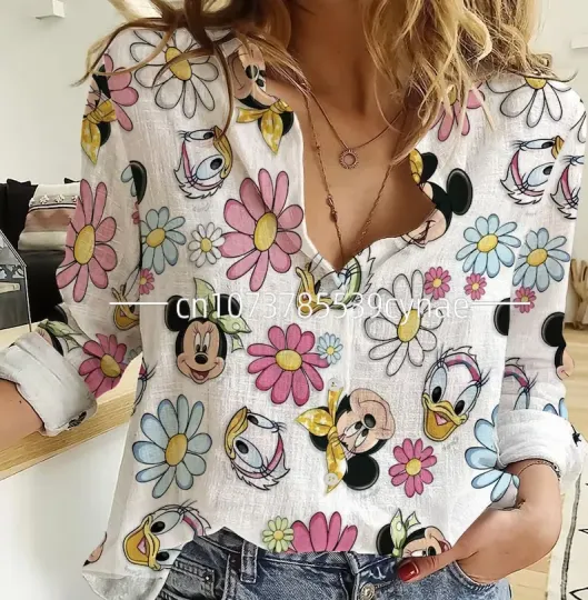 2024 Disney Shirt, Spring Button Shirt Women's Blouses Shirt, Holiday Beach Long Sleeve 3D Full Print Fashion Colorful Casual Hip Hop