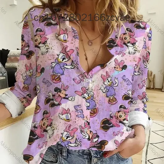 New 2024 Disney Daisy Duck Women's Blouses Shirt, Harajuku Fashion Polo Collar Long Sleeve Single breasted Casual Y2K Women's Shirt