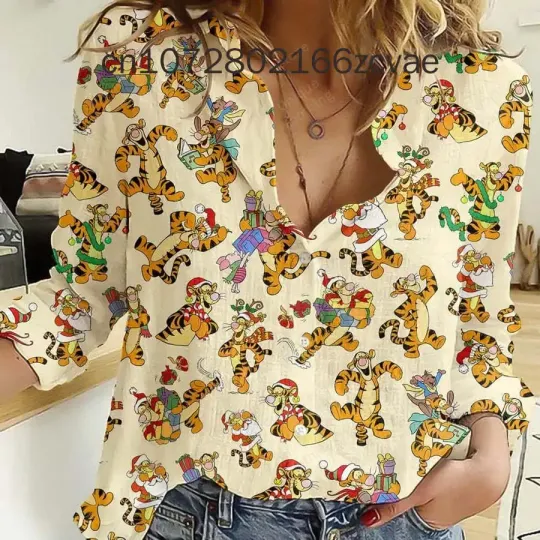 Disney Tigger Women's Blouses Shirt, Fashion Elegant Long Sleeve Button Up Shirt Disney Women's Shirt, Casual Beach Shirt Y2k Top
