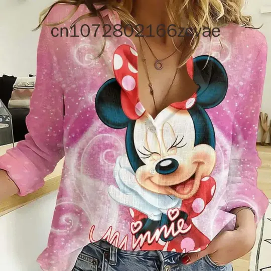 Summer New Minnie Mouse Women's Blouses Long Sleeve Shirt, Disney Button Cardigan Temperament Simple Shirt, Street Loose Women's Shirt