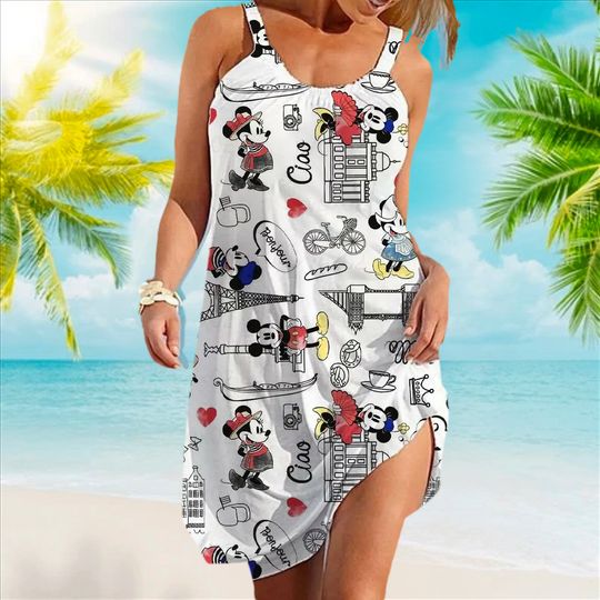 Mouse And Girlfriend In Paris Beach Dress, Mouse AOP Dress, Lovely Couple Girl Dress, AOP Sleeveless Beach Dress