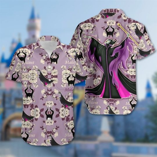 Maleficent Hawaiian 3D Shirt, Maleficent Purple All Printed Shirt, Sleeping Beauty Hawaiian Tee For Friends, Villian Button Up