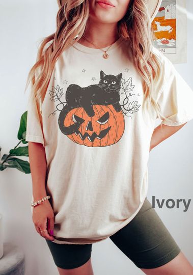 Black Cat on Pumpkin shirt, shirt for fall, Black Cat t-shirt, Halloween Black Cat, Fall Shirt,  iprintasty halloween