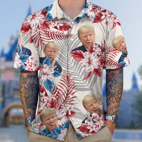 Custom Donald Trump Face Hawaii Shirt, Donald Trump 4th July Button Up, Trump Independence Day Floral Hawaii Shirt, Election 2024