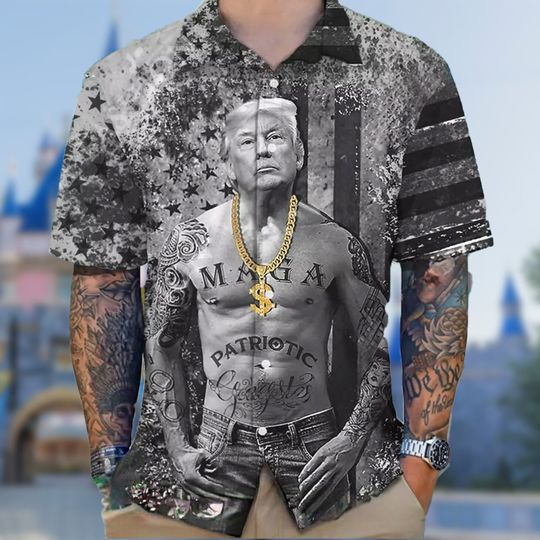 MAGA Donald Trump Tatoo 4th July Hawaiian Shirt, Cool Patriotic July Fourth Hawaii Tee, Conservative Republican Button Up, Independence Day