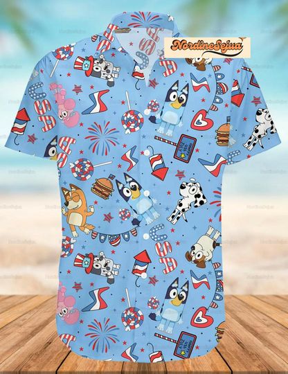 Blue Dog 4th Of July Hawaiian Shirt, Red White Blue Dog Fourth Of July Shirt, Independence Day Shirt, BlueyDad 4th Of July, Hawaiian Shirt