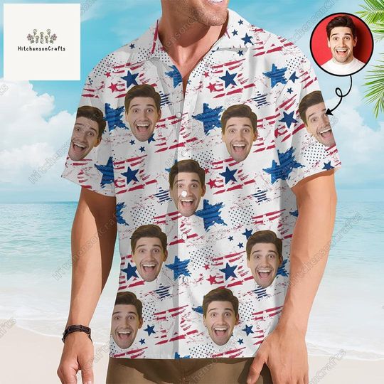 Custom Hawaiian Shirt With Face, Funny 4th Of July Button Shirt, American Flag Shirt Men Women, Independence Day Shirt,4th Of July Gift