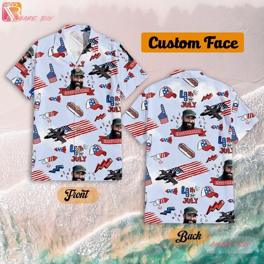 Amare Box Custom Face Hawaiian Shirt, 4th Of July Fighter Jet Airplane USA Flag Hawaiian Shorts, Beach Short Shirt, Unisex Gift
