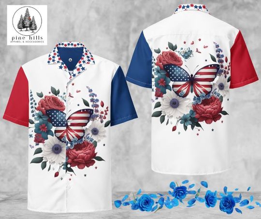Patriotic Oversized Unisex Button-down Hawaiian-style Shirt, red, white, blue, Short Sleeve Button Up Shirt, Tropical Shirt