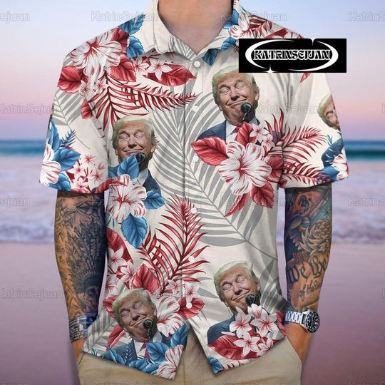 Custom Trump Photo Hawaiian Shirt, Hawaiian Shirt Men, Fourth Of July Shirt, Trump Face Hawaii Shirt, Usa Summer Shirt, 4th Of July, Ha