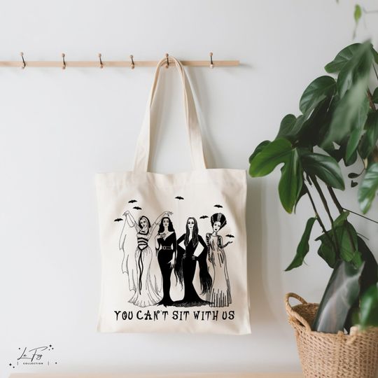 You Can't Sit With Us Tote Bag, Spooky Women Canvas Tote Bag, Halloween Spooky Bag,  Horror Tote Bag, Spooky Season, Halloween Totes