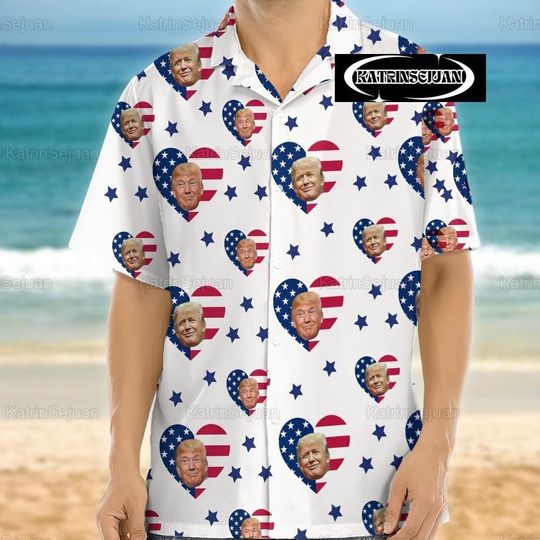 Independence Day American Trump Hawaii Shirt, Face Hawaii Shirt, Photo Trump 2024, Usa Summer Shirt, American Flag Shirt, Trump Hawaiia
