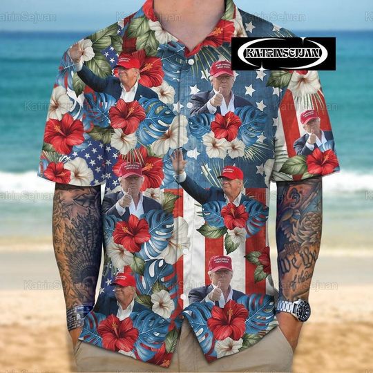 Trump Face Hawaiian Shirt, Custom Photo Trump American Flag Tropical Independence Day Hawaii Shirt, Fourth Of July Shirt, 4th Of July