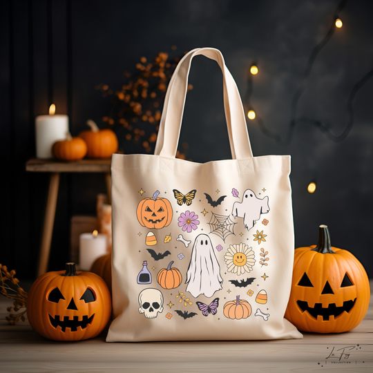 Halloween Doodle Tote Bag, Trick or Treat Totes, Halloween Bags, Spooky Season, Fall Canvas Tote