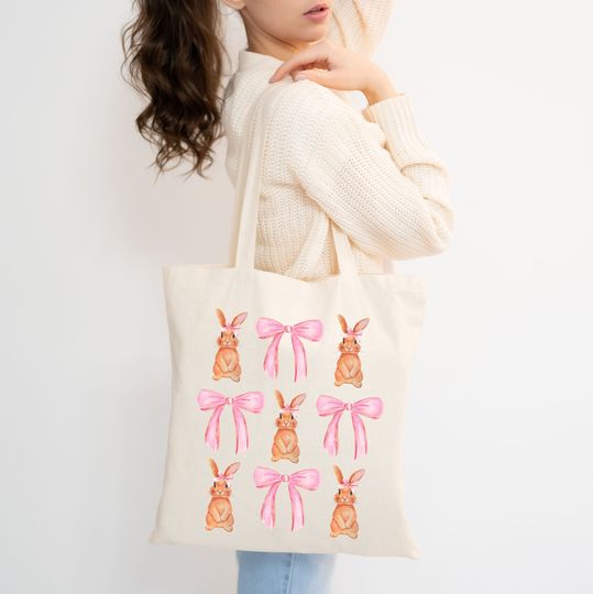 Coquette Bunny Totes, Easter Tote Bags, Cute Easter Bunny Bags, Gift for Bunny Lover, Coquette Aesthetic Totes, Canvas Tote Bag