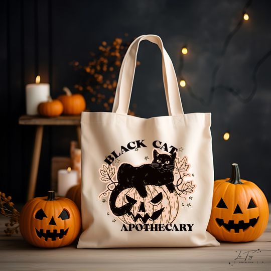 Black Cat Apothecary Totes, Halloween Tote Bag, Trick or Treat Totes, Canvas Halloween Bag, Fall Canvas Tote