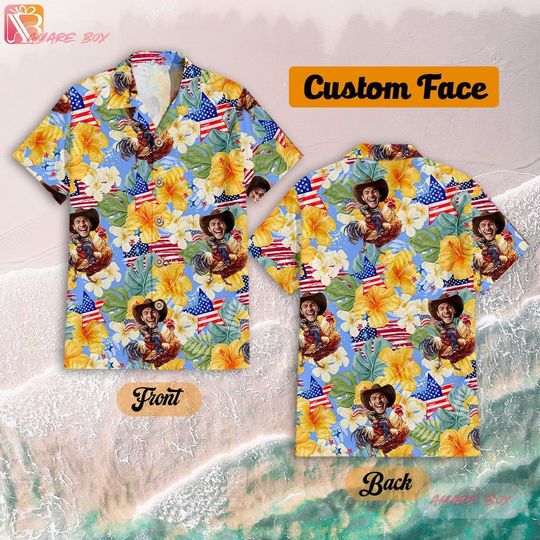 Amare Box Custom Face Hawaiian Shirt, 4th Of July Riding America Chicken Hawaiian Shorts, Beach Short Shirt, Unisex Gift