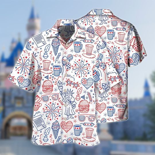 America Cool Art 4th July Hawaiian Shirt, Blue Red Sketching July Fourth Button Up Shirt, America 4th July Hawaiian, Independence Day