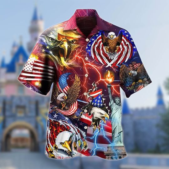 America Eagle Lighting 4th July Hawaiian Shirt, Patriotic America July Fourth Button Up Shirt, America 4th July Hawaiian, Independence Day