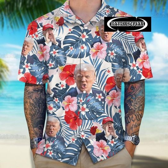Custom Photo Funny Trump Hawaii Shirt, Usa Summer Shirt, Face Hawaii Shirt, Photo Trump 2024 Shirt, Fourth Of July Hawaiian Shirt