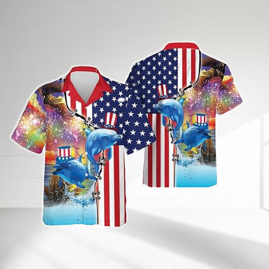 Dolphin America Flag Hawaiian Shirt, Patriotic Dolphin Hawaii Shirt, 4th of July Shirt, Sea Animal Fourth of July Tee, Independence Day Gift