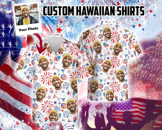 Custom American Flag hawaiian shirt men women, Personalized 4th of July Shirt with Face,Independence Day Hawaiian Summer Beach Shirt