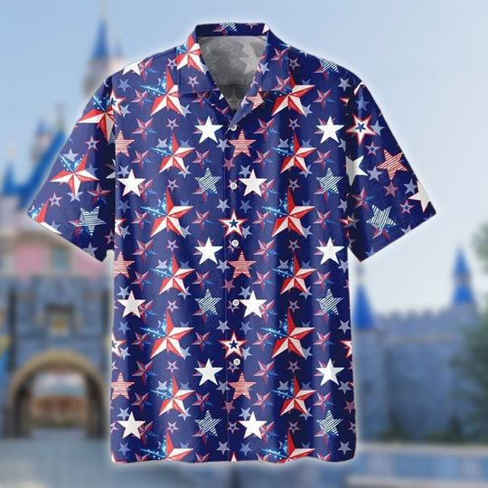 American Star 4th Of July Hawaiian Shirt, Unisex July Fourth Button Up Shirt, Star Red And Blue All Over Print Hawaii Tee, Independence Day