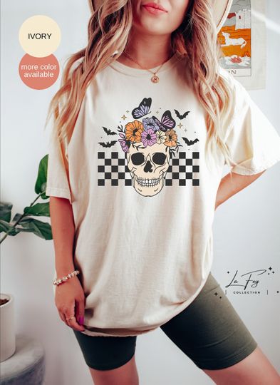 Floral Skull T-Shirt, Halloween Shirt, Bloom Skull Shirt, Skeleton Halloween Tee, Spooky Season