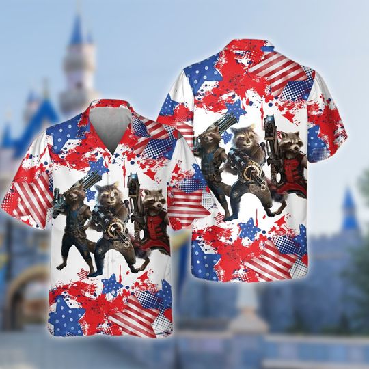 Rocket Raccoon And American Flag 4th July Hawaiian Shirt, Guadians Of The Galaxy Character