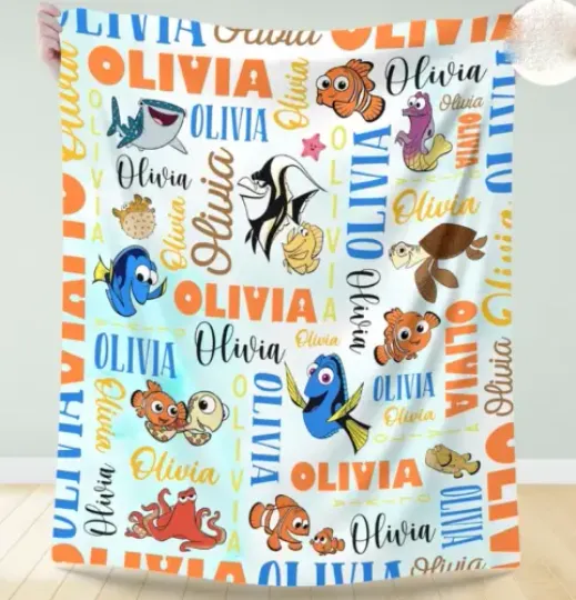 "Personalized Watercolor Disneyy Finding Nemo Fleece Blanket, Baby Birthday Gift