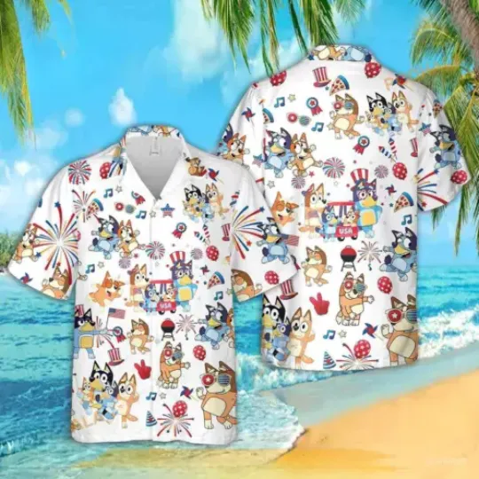 BlueyDad 4th Of July Hawaiian Shirt, BlueyDad And Bingo Button Shirt Unisex Trending Hawaiian Shirt