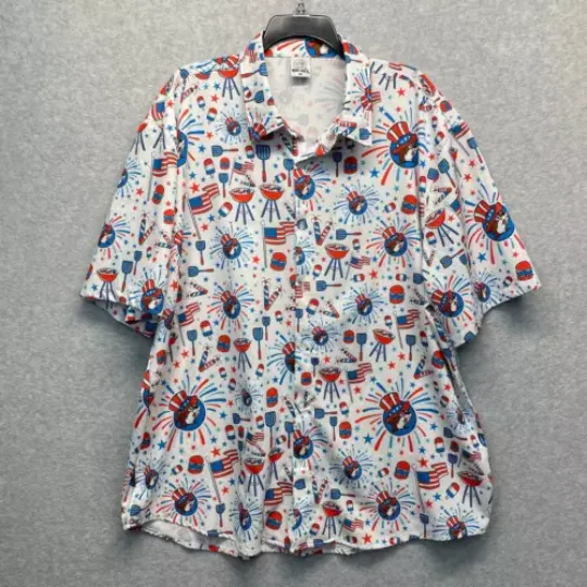 Bucees Camp Shirt Mens 3X Button Down July 4th Independence Day Fireworks Unisex Trending Hawaiian Shirt