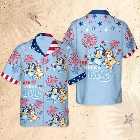 BlueyDad Hawaiian Shirt, 4Th Of July Shirt, BlueyDad And Bingo Button Shirt Unisex Trending Hawaiian Shirt