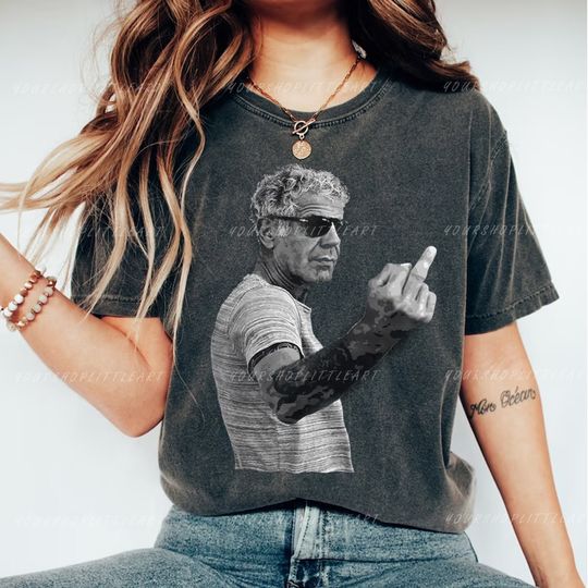 Anthony Bourdain Middle Finger Cotton T-shirt - Funny tshirt, Retro 90's Fans T-shirt Short Sleeve