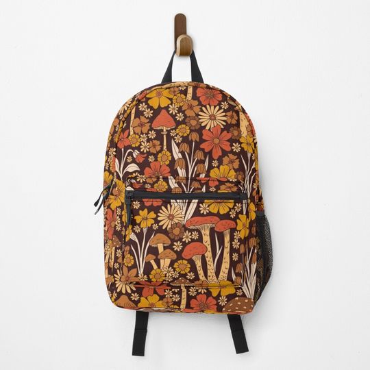 Retro 1970s Brown & Orange Mushrooms & Flowers Backpack