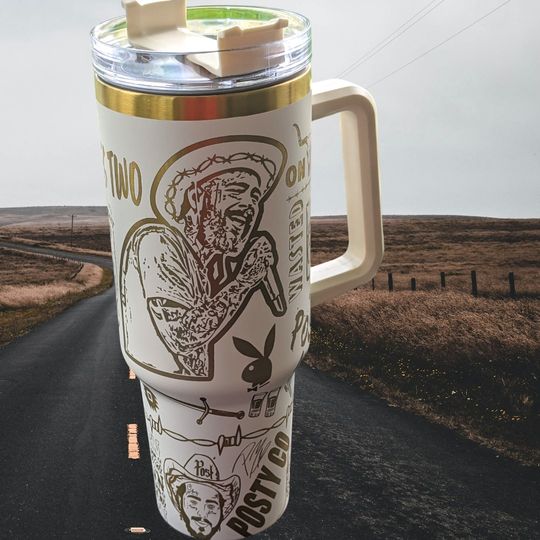 POSTY X WALLEN Engraved 40 oz Tumbler with Handle, Water Bottle Stainless Steel Thermos, Coffee Cup Travel Car Camping, Large Water Bottle