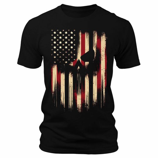 Men's American Flag Skull T-Shirt Patriotic Short Sleeve Crewneck Graphic Tees, Gift for Dad, America, USA, Tactical, Military, Gift for Him