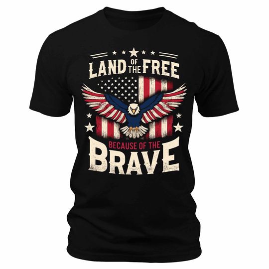 Men's Land Of The Free Because Of The Brave Eagle USA Flag T-Shirts Patriotic Crewneck Graphic Tees, America, USA, Military, Gift for Him