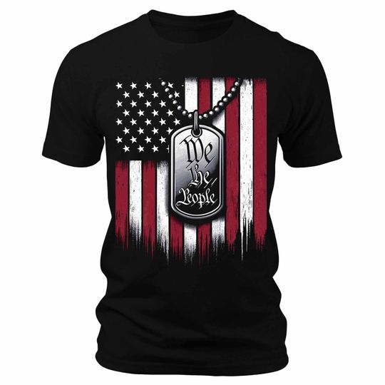 Men's We The People Dog Tag American Flag T-Shirts Patriotic Short Sleeve Crewneck Graphic Tees, America, USA, Military, Gift for Him
