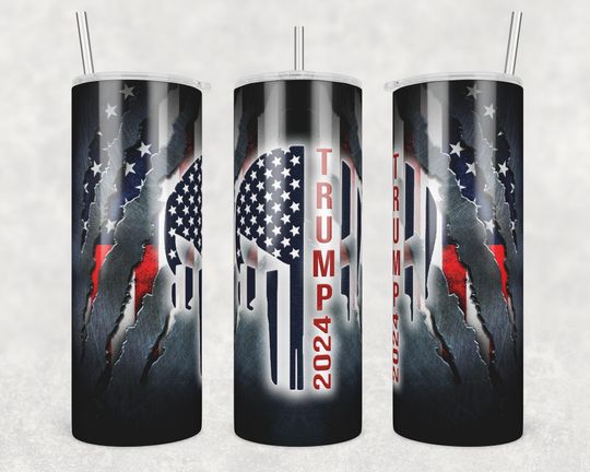 Trump Skull 2024 Tumbler, Punisher Skull, 20 oz Skinny Tumbler, Eagle Claw and American flag, Trump tumbler, Election 2024 Wrap