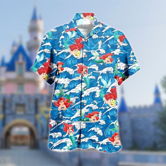 The Little Mermaid Character Hawaiian Shirt, Tropical Flowers Summer Button Up for Men, Women, Kids, Trending Casual Fashion