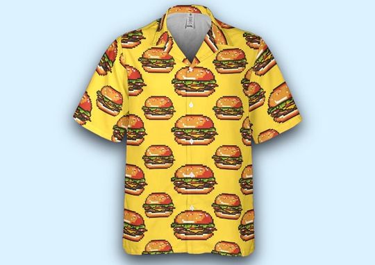 Pixel Art Cheeseburger Hawaiian Shirt, Collared button down short sleeve art hawaiian shirt for unisex, Trending Casual Fashion