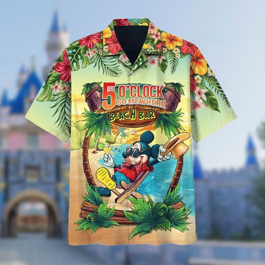 Mickey In The Beach Its 5 O'clock Somewhere Hawaiian Shirt, Collared button down short sleeve art hawaiian shirt for unisex, Trending Casual Fashion