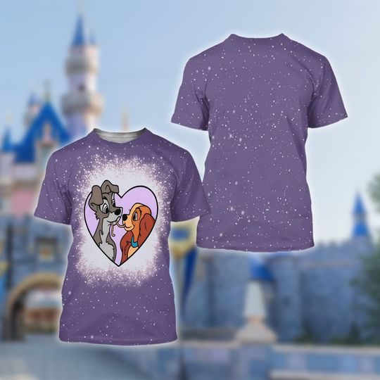 Lady and The Tramp Heart Bleached 3D Adult Kid T-shirt, Lady and The Tramp All Over Print Shirt