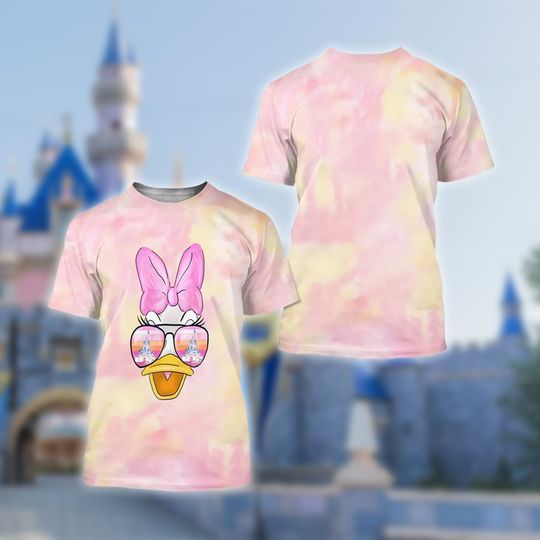 Daisy Duck Watercolor 3D Adult Kid T-shirt, Daisy Duck With Aviator Glasses Castle All Over Print Shirt