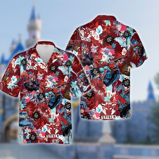 Spider Punk Man Spider Man Across The Spider Verse Floral Hawaiian Shirt, Button Down Short Sleeve Hawaiian for Men, Women, Kids, Trending Casual Fashion