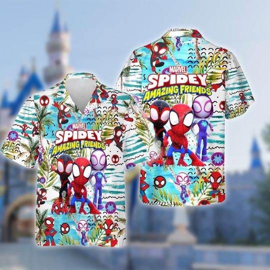 Spidey and His Amazing Friends Hawaiian Shirt, Button Down Short Sleeve Hawaiian for Men, Women, Kids, Trending Casual Fashion
