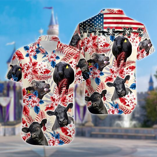 Black Angus Cattle In American Flag Patterns All Over Print Hawaiian Shirt, Button Up Short Sleeves Hawaiian, Trending Casual Fashion